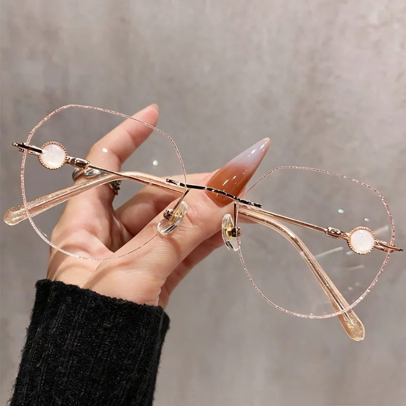 Stylish Lightweight Rimless Reading Glasses Rose Gold Frame with Pearl Trim Fashion Eyewear for Women Daily Diopters 0 To +4.0