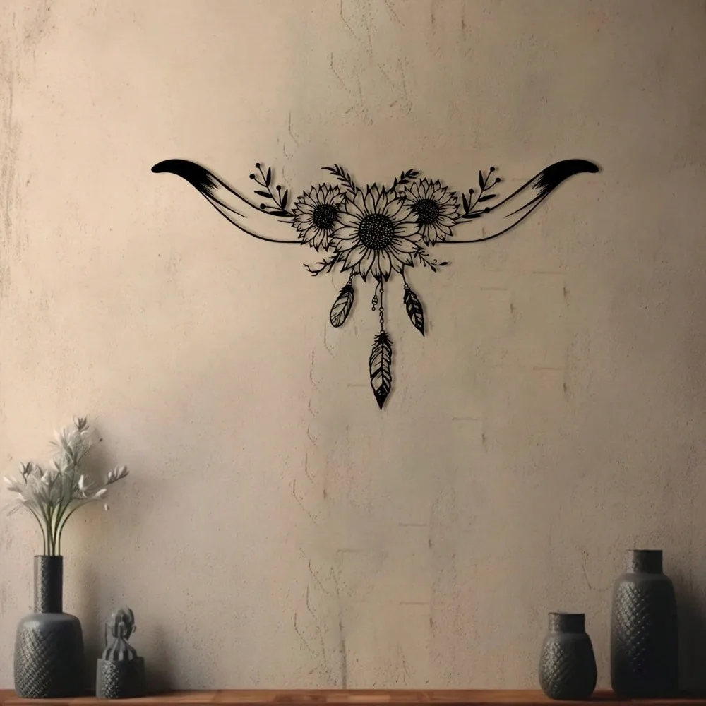 CIFBUY Rustic Bull Head Metal Wall Art Iron Flower Sculpture Ranch Style Home Living Room Hanging Decoration