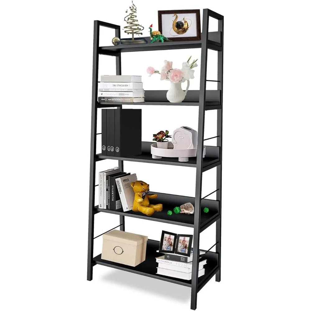 

Ladder Bookshelf Black,Tall Bookcase and Book Shelf 5 Tier Shelves, Industrial Modern Wood Display Shelf Book Case