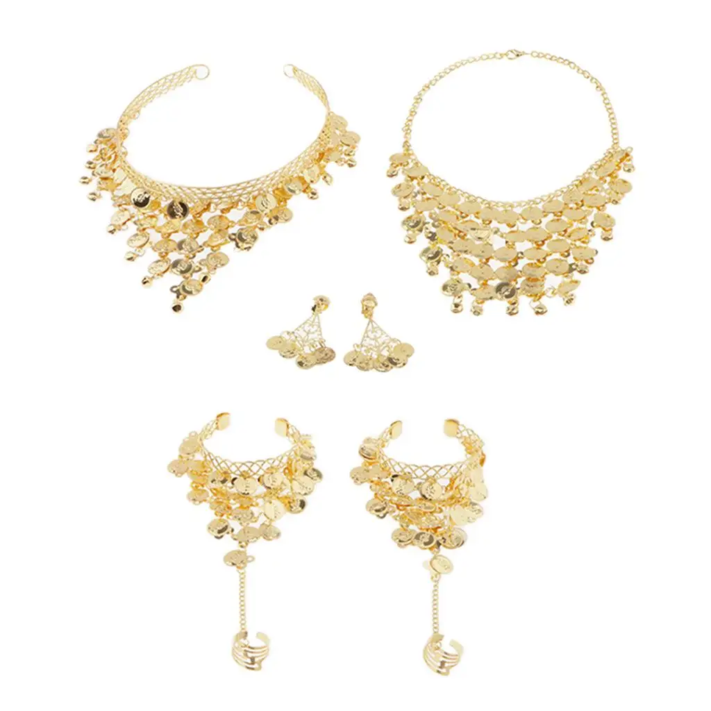 مجموعة مجوهرات الغجر للرقص الشرقي، عصابة رأس معدنية غريبة، أقراط وقلادة وأساور لأداء عرض الحفلات #1