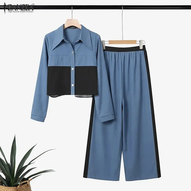 

ZANZEA Элегантные комплекты длинных брюк 2026 Осенние женские цветные лоскутные рубашки и широкие брюки Повседневная свободная одежда из 2 предметов 2 шт.