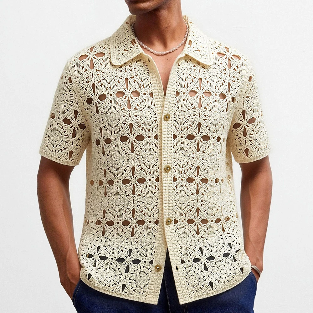 2026 Summer New Men's Hollow-Out Short-Sleeve Shirt American Retro Fashion Trendy Street Style Loose Casual Breathable Men's Top