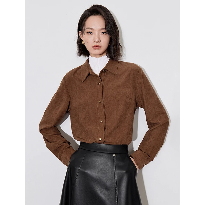 TOYOUTH Women Blouse Shirt 2024 Autumn New Corduroy Turn Down Collar Single Breasted Long Sleeve Office Lady Vintage Tops