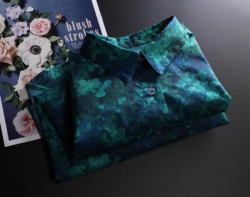 Floral Printed Shirt Pure Cotton Long Sleeve Thin Pointed Collar for Women/Amon