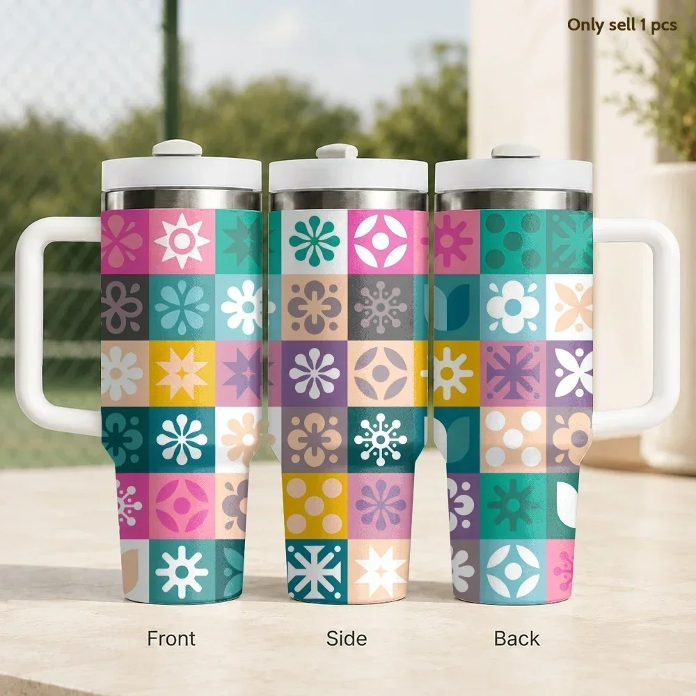 Modular pattern with summer Vacuum Flasks 40oz Stainless Steel Insulated Tumbler with Handle Straw Cup Daily Travel Mug