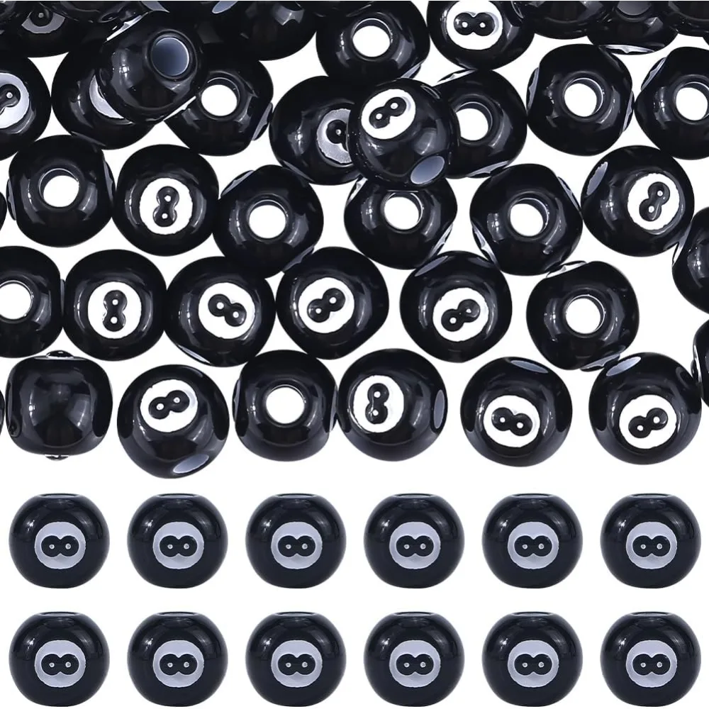1 Box 100Pcs Black Eight Ball Beads 12mm Number 8 Spray Painted Acrylic Round Loose Bubblegum Sports Billiards Table Spacer