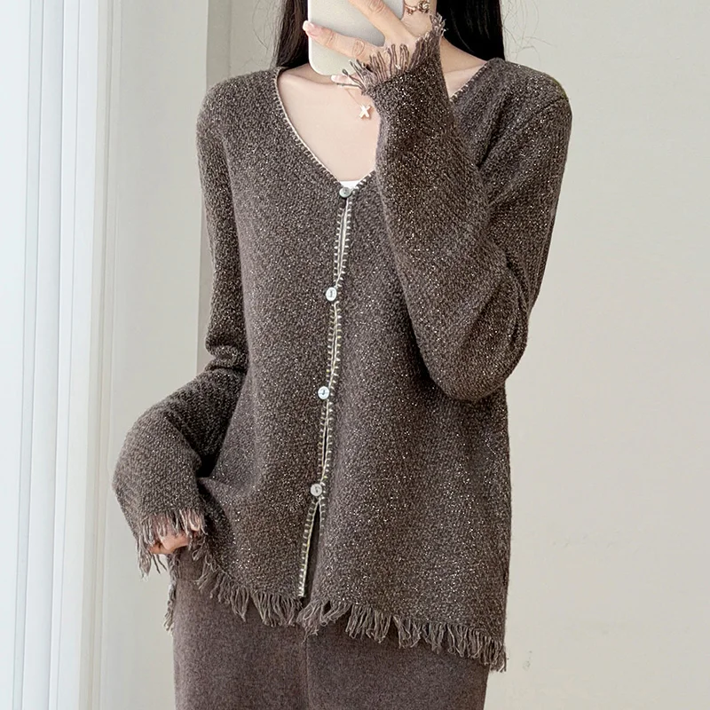 Luxury Women's 100% Cashmere Sweater Cardigans V-neck Knit Tops Autumn Winter Casual Leaf pattern lace cardigan Soft Knitwear