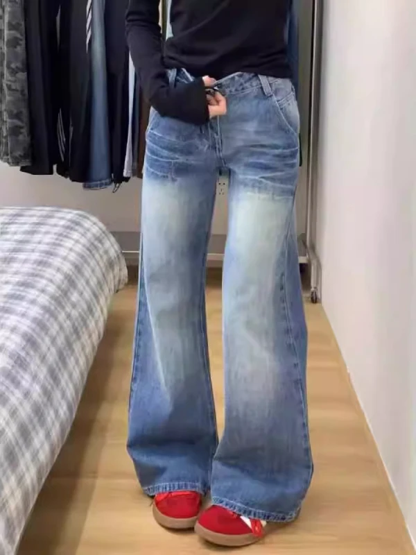

Ретро-джинсы синего цвета с широкими штанинами для женщин, весна-осень, новинка, большие размеры, для полных женщин, с высокой талией, свободные, прямые, в пол