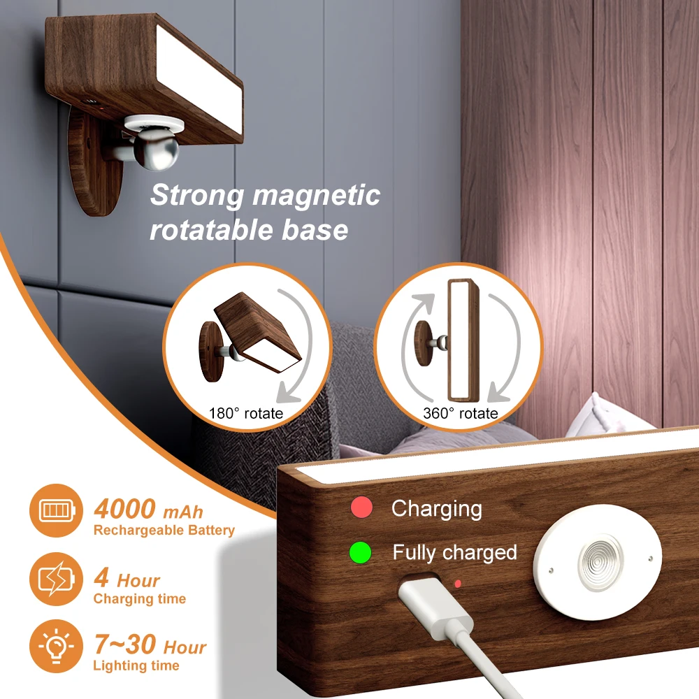 Rechargeable Solid Wood Wall Sconces Battery Operated Black Walnut Wall Lamps Dimmable Wall Reading Lights for Bedside Mirror