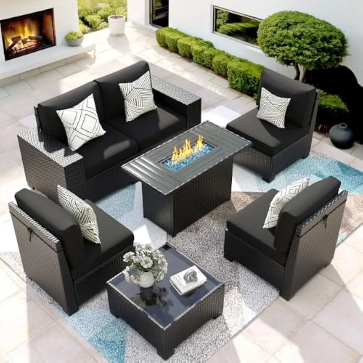 Outdoor sectional sofa set with 44-inch fire pit table, modern black design, powder-coated steel frame, weather-resistant PVC ra