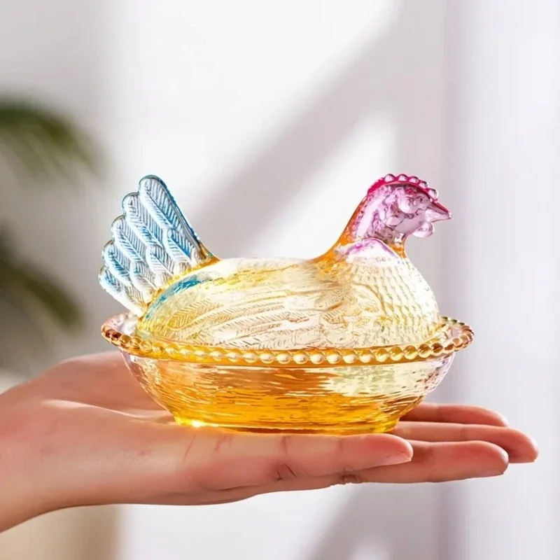Chicken Shaped Crystal Glass Candy Dish With Lid Vintage Style Bowl For Nuts Dessert Decorative Jar For Home Kitchen