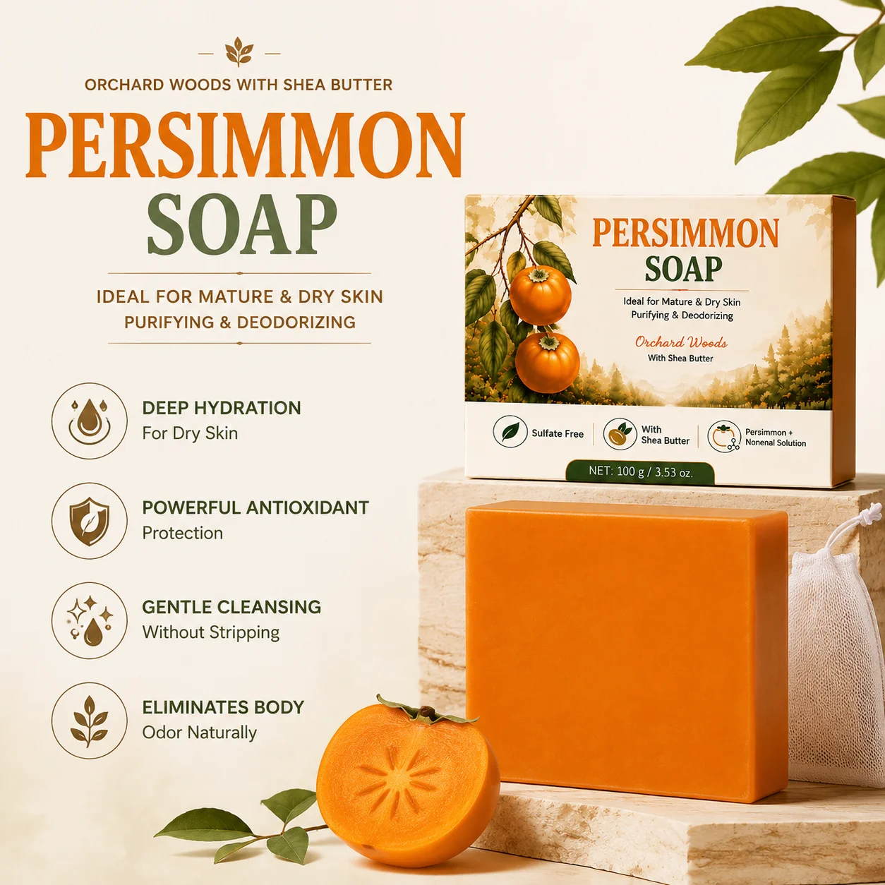 Persimmon Soap Bar Japanese Persimmon & Green Tea Extract For Men and Women Gentle on All Skin Types Deodorizing Soap