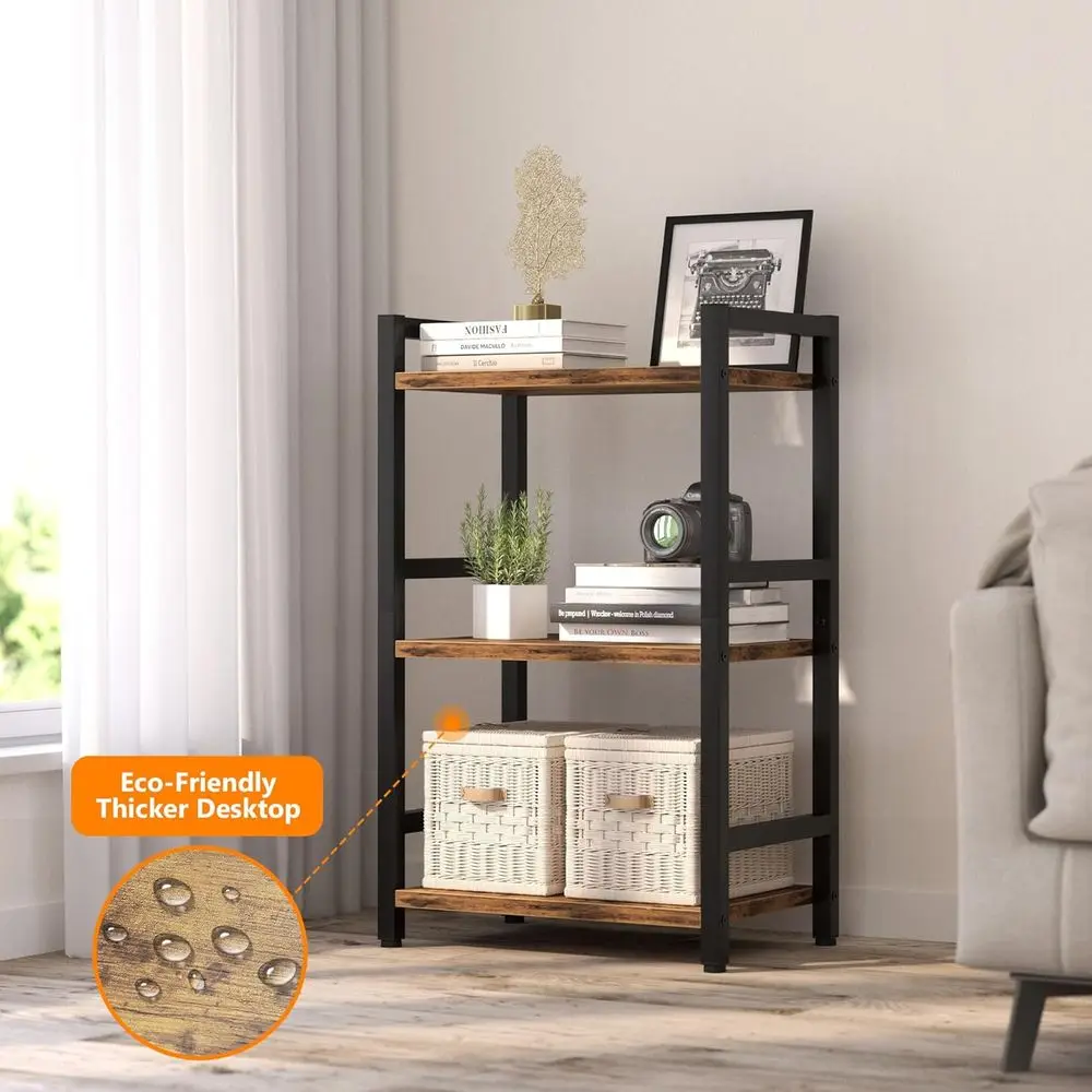 3-Tier Steel Frame Bookshelf - Compact Storage Organizer for Books, CDs, Movies in Rustic Brown