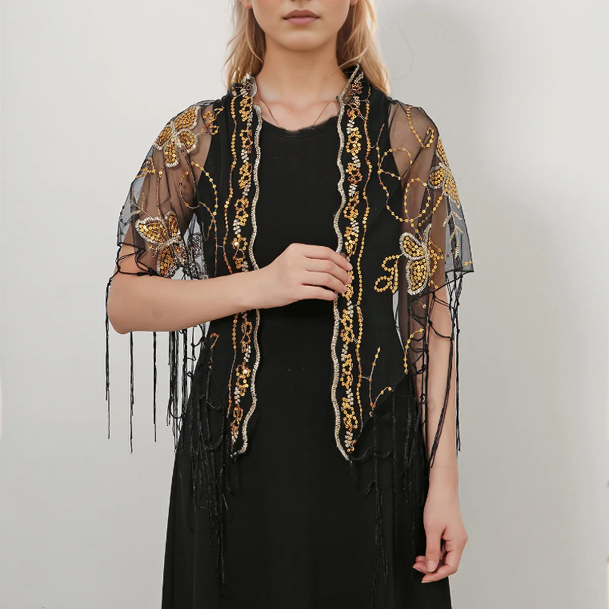 New Mesh Sequin Butterfly Triangle Scarf, Summer Capelet Shawl for Cheongsam, Gown Wedding Fringe Wrap