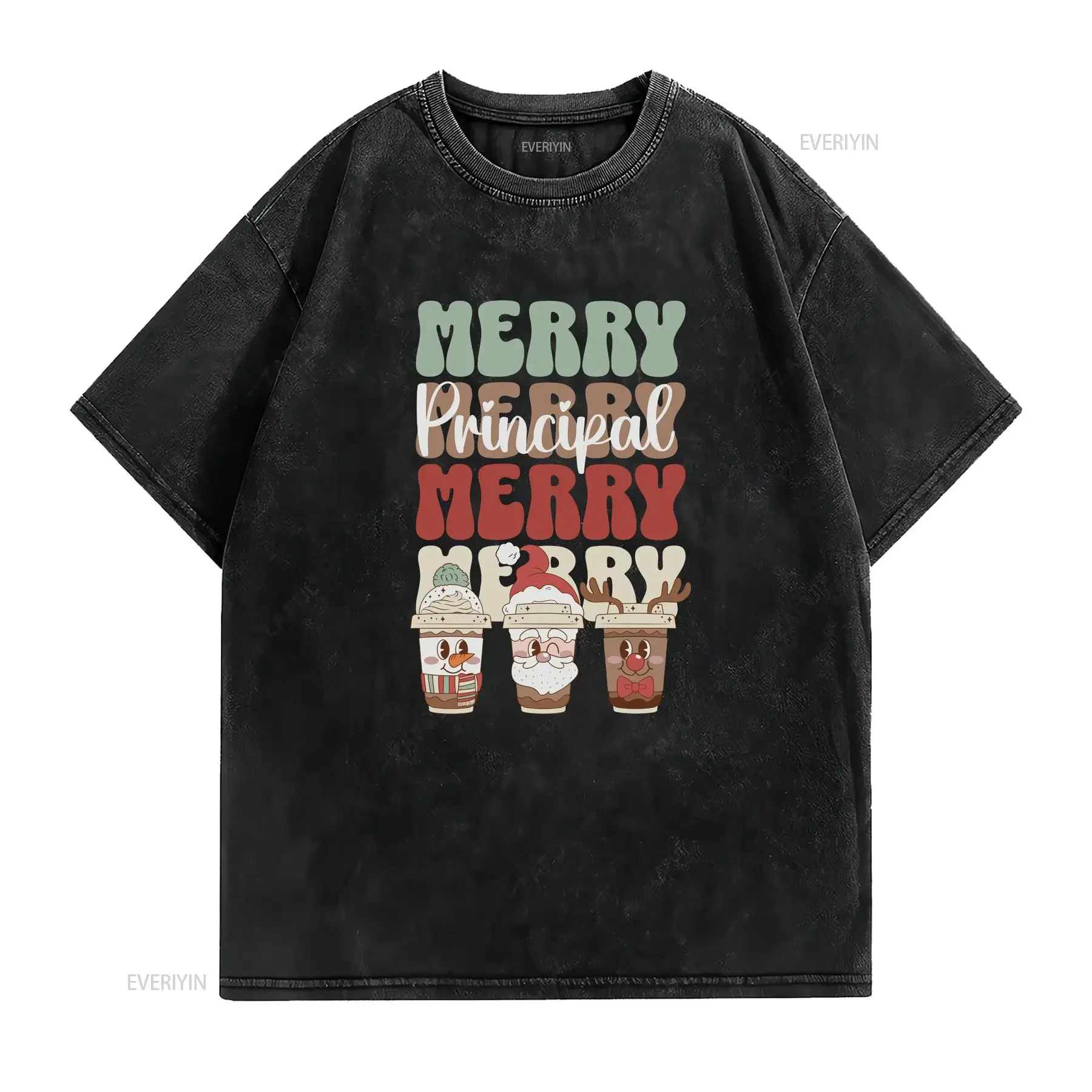 Principal Christmas T Shirt Retro Merry School Coffee for Admin Crew vintage Washed graphic Soft fashion Comfortable Unisex