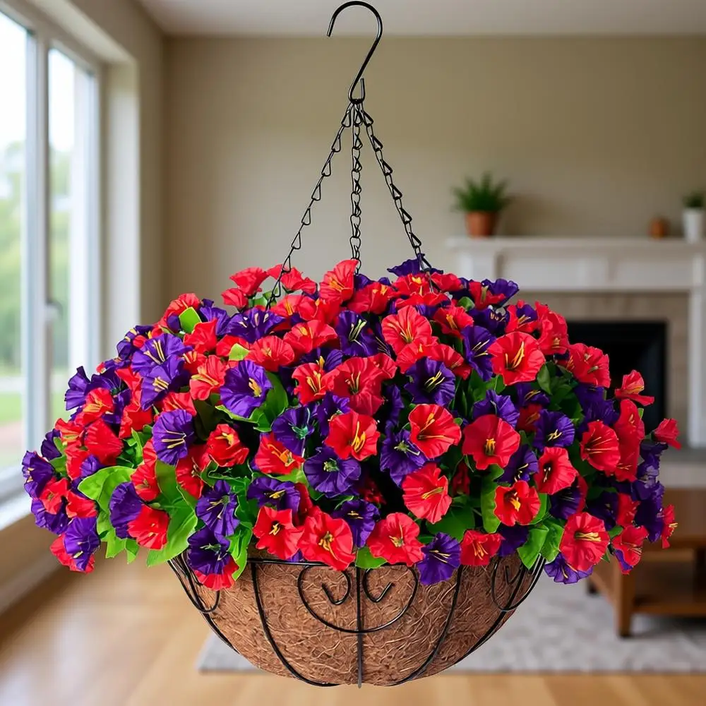 

12 подвесных корзин с шелковыми петуниями и ипомеями для декора патио и террасы весной/летом (розовые и красные)