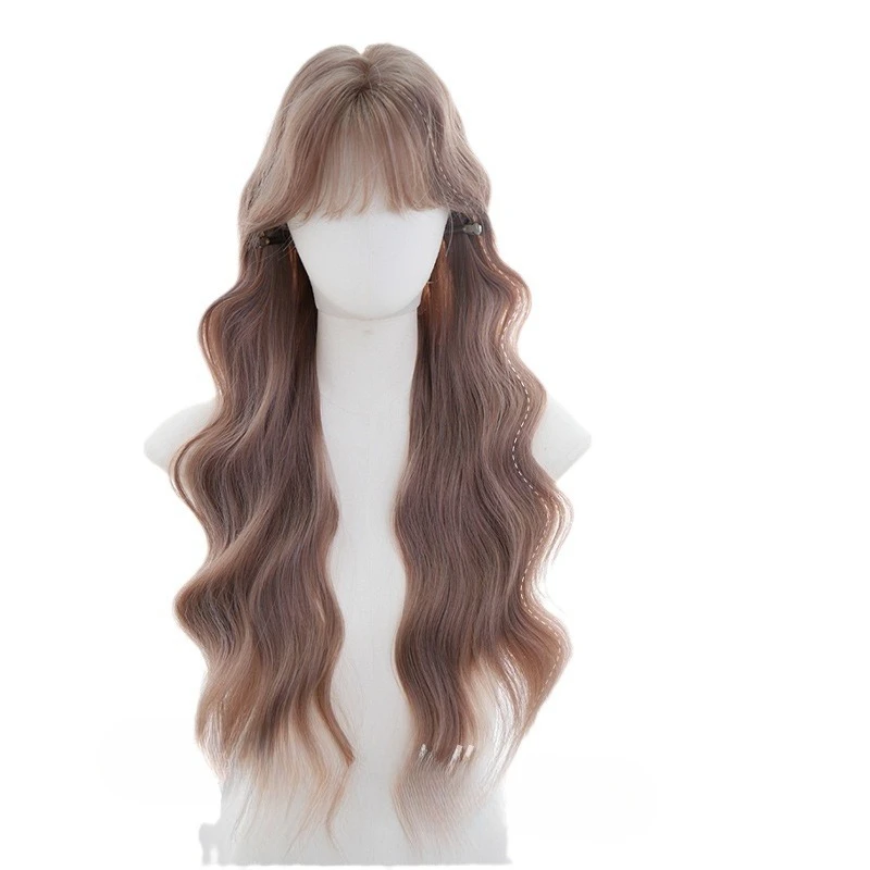 

Wig female daily natural long curly hair French bangs bean paste powder Korean full headgear