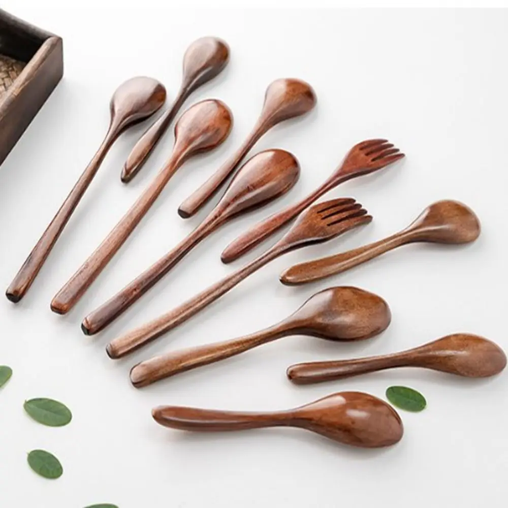 Natural Wooden Spoon Fork Dinner Kit Rice Soups Utensil Cereal Handmade Home Cookware Dinnerware Cutlery For Kitchen