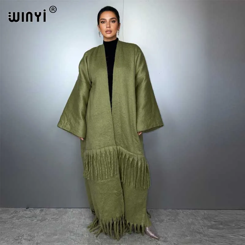 

WINYI Winter Women cardigan Solid color abaya dubai luxury Fur Neutral coat Loose cardigan poncho tassel jacket long down kimono