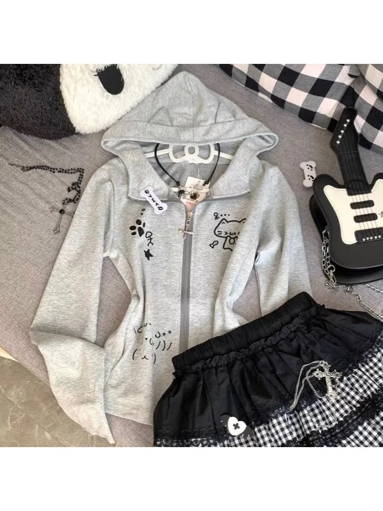 HOUZHOU Gray Cartoon Print Kawaii Women Hoodies Cutecore Japanese Style Long Sleeve Zipper Sweatshirt Slim Cat Ear Preppy Autumn