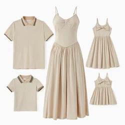 PatPat Family Matching Light Apricot Polo Shirt or Bow Design Flowy A-Line Strap Dress Sets