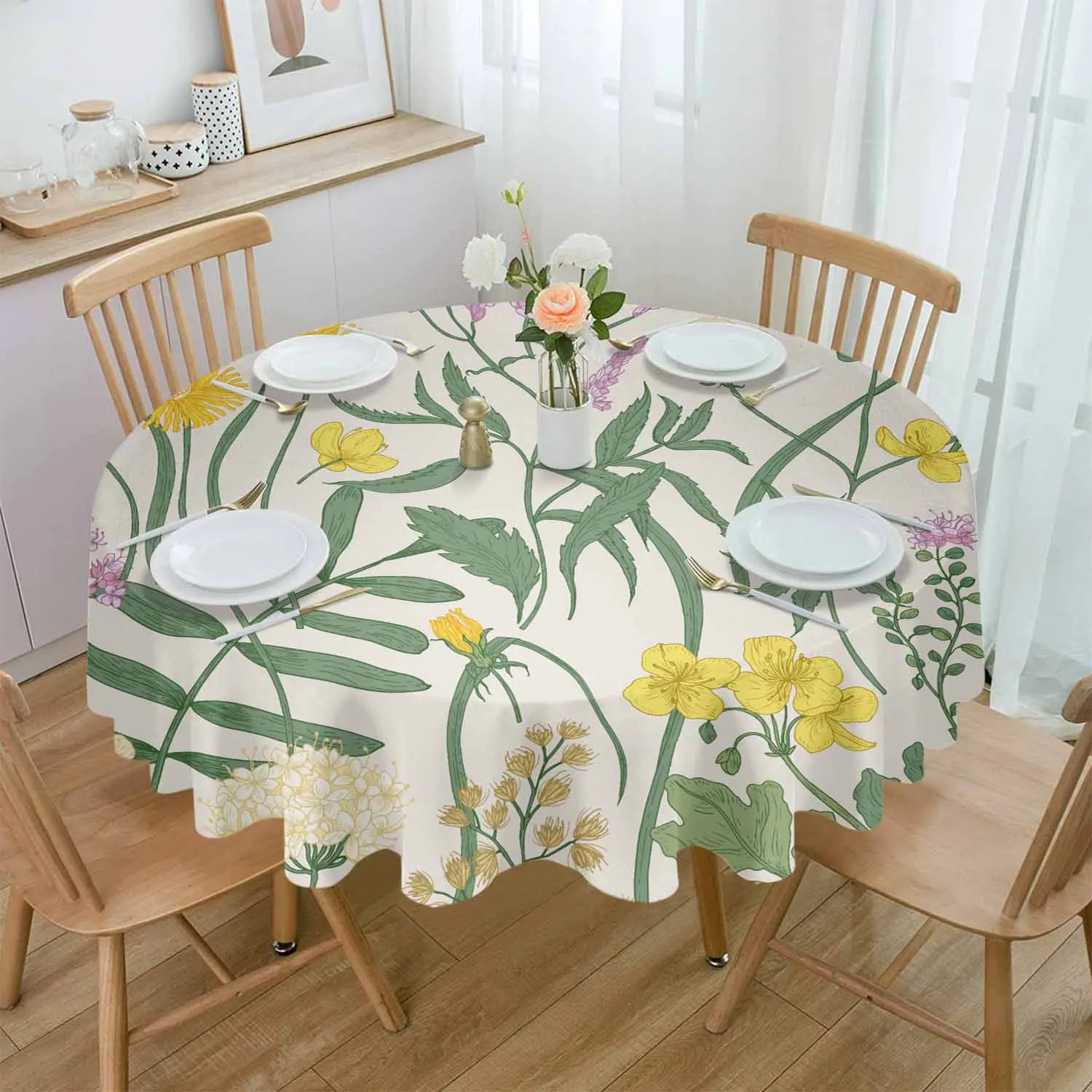 

Fern Texture Round Table Cloth Festival Dining Tablecloth Waterproof Table Cover for Wedding Party Decor