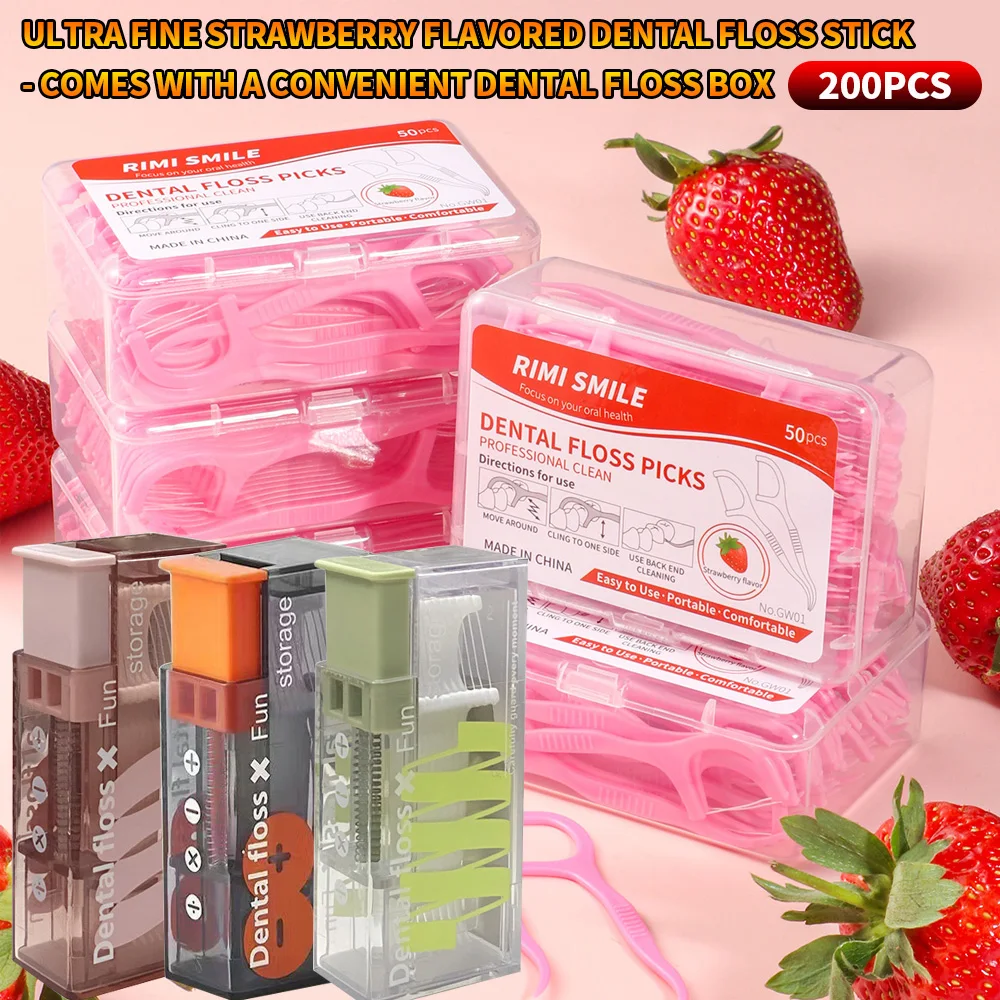 

Высокоэффективные межзубные флоссеры со вкусом клубники, 200 шт., ультратонкие зубные нити-флоссеры с портативным футляром