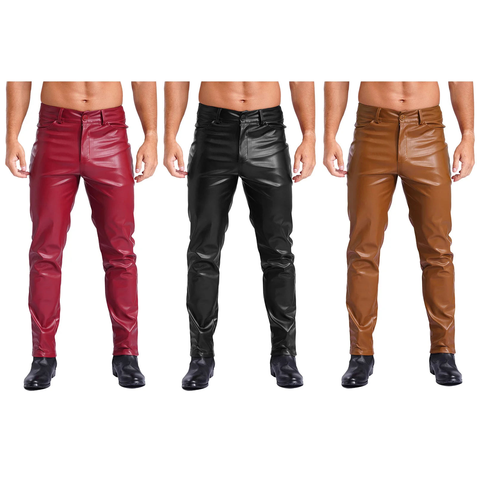 Mens Wetlook Faux Leather Pants Pockets Smooth Lining Straight Pants Tights Leggings for Daily Wear Music Party Clubwear Costume