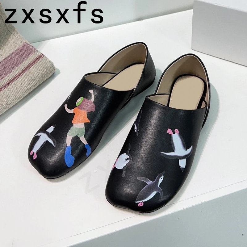 Sapatilhas redondas de couro genuíno para mulheres, sapatos de mula preta, salto baixo, moda outwear de lazer, bowknot, novo, 2024