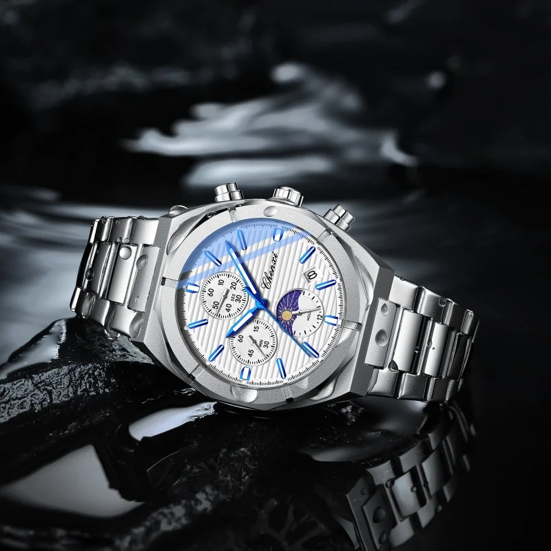 CHENXI 962 ساعة كوارتز رجالية متعددة الوظائف مرحلة القمر التقويم كرونوغراف مقاوم للماء حزام الفولاذ المقاوم للصدأ ساعات للرجال