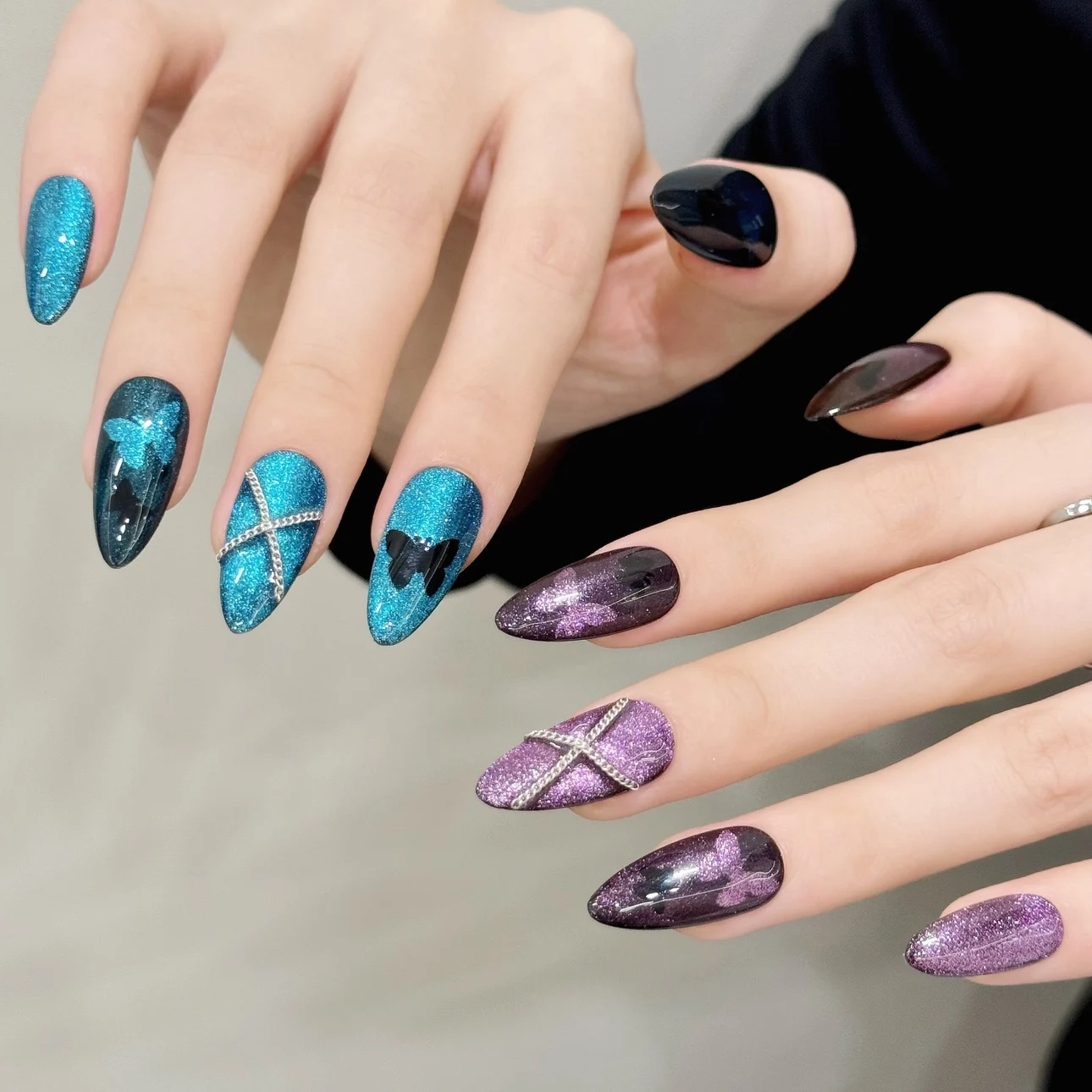 

10pcs Butterfly Purple Cat's Eyes Hand-painted Press on Nails Almond Manicure Wearable Nail for Women and Girls False Nail
