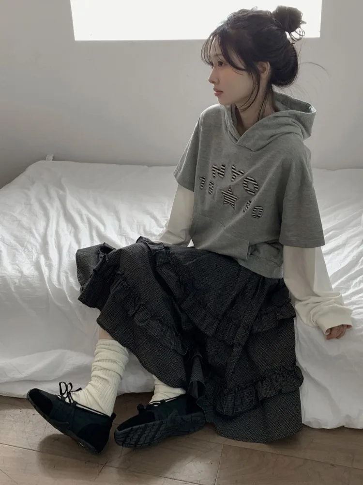 Retro Japanese Sle High Waist Elastic Waist Midi Skirt Women's Double Layered Lace Plaid Cake Skirt Anti-Aging