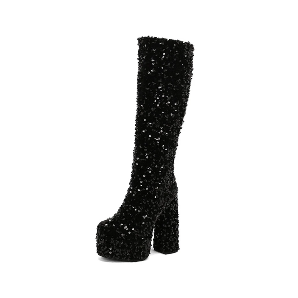 

Fashion Luxury Knee High Boots Clear Glitter Bling Shiny Trend High Heels Side Zip Platform Boots Goth Shoes Big Size 47 A009