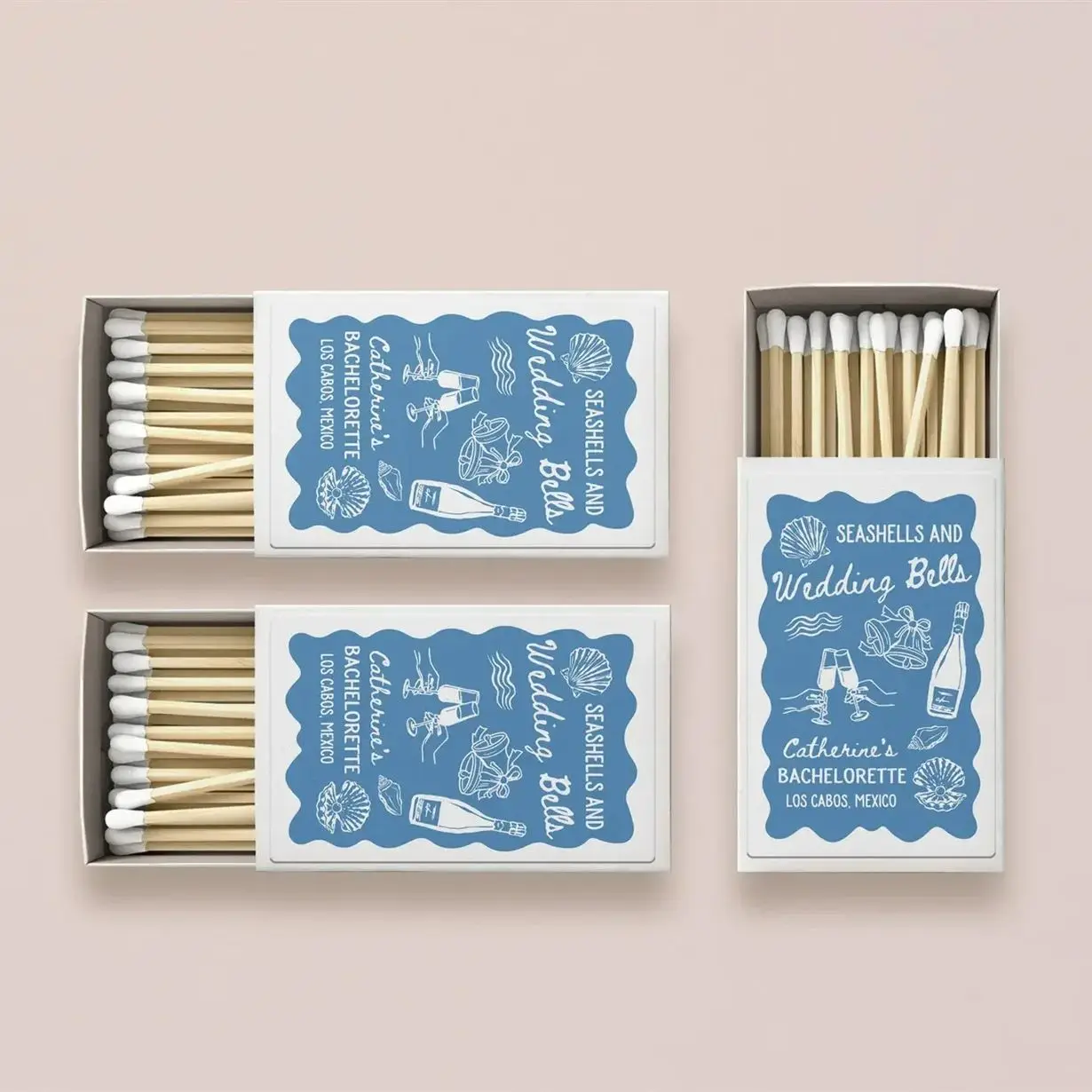 

Personalized Wedding Matchboxes Favors/Seashells and Wedding Bells Bachelorette MatchBox/Coastal Bachelorette Matchboxes Favor