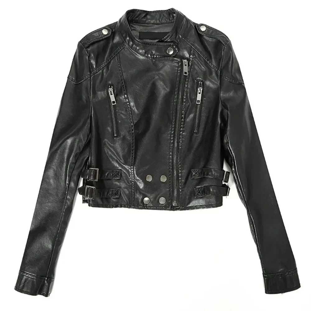 New Fashion PU Faux Leather Biker Jacket Women Fashion Slim Short Motorcycle Coat Spring Cropped Jacket Female