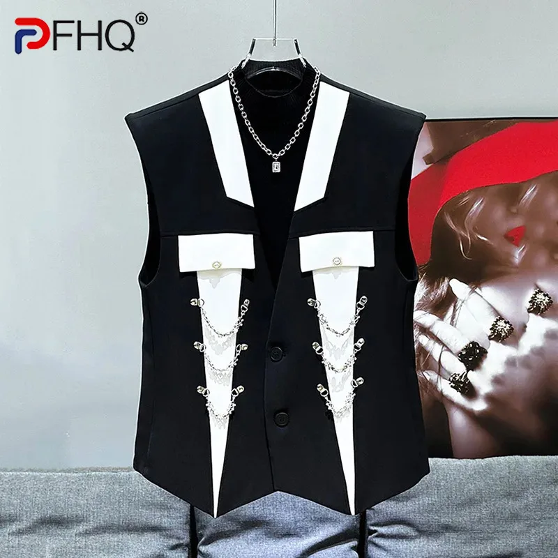 PFHQ New Casual Splicing Design Jacket Korean Fashion Trendy Metal Chain Decoration Men\'s Vest Contrast Color Tops 21Z5801