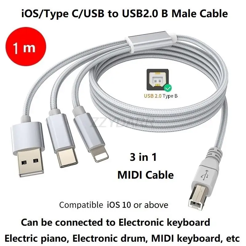 3 in 1 Midi Cable USB C/USB A/Lightning to USB B Piano Cable OTG Compatible with HP Canon Brother Yamaha Piano MIDI Controller