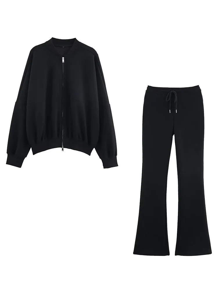 HH Women's Autumn Fashion Set Solid Long Sleeves Zipper Coats+High Waist Lace-Up Decoration Long Pants Female Casual Suits