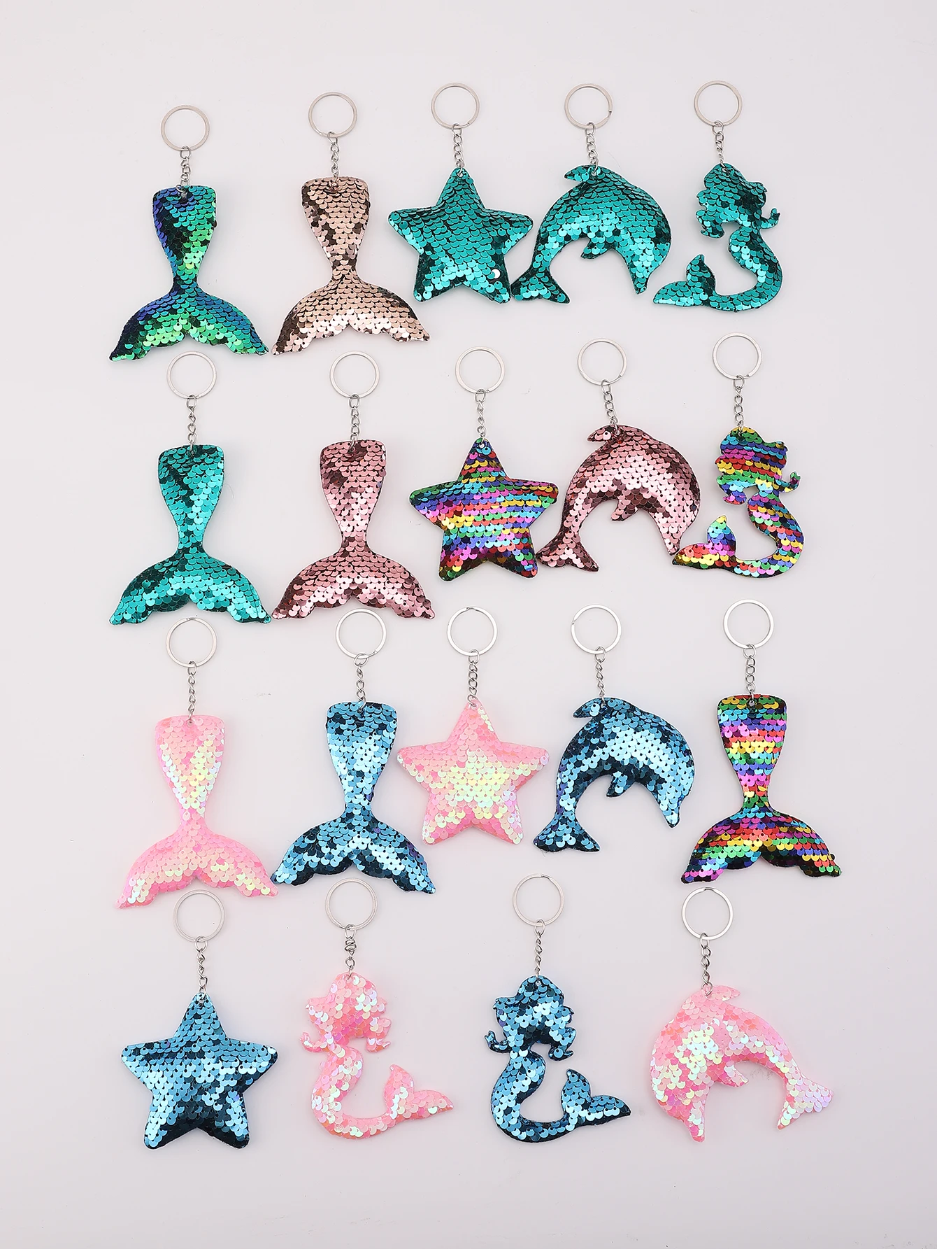 19pcs Glitter Reversible Sequins Mermaid Tails Keychain Cute Cartoon Bag Key Chain Keyring Ornament Bag Purse Charm Accessories