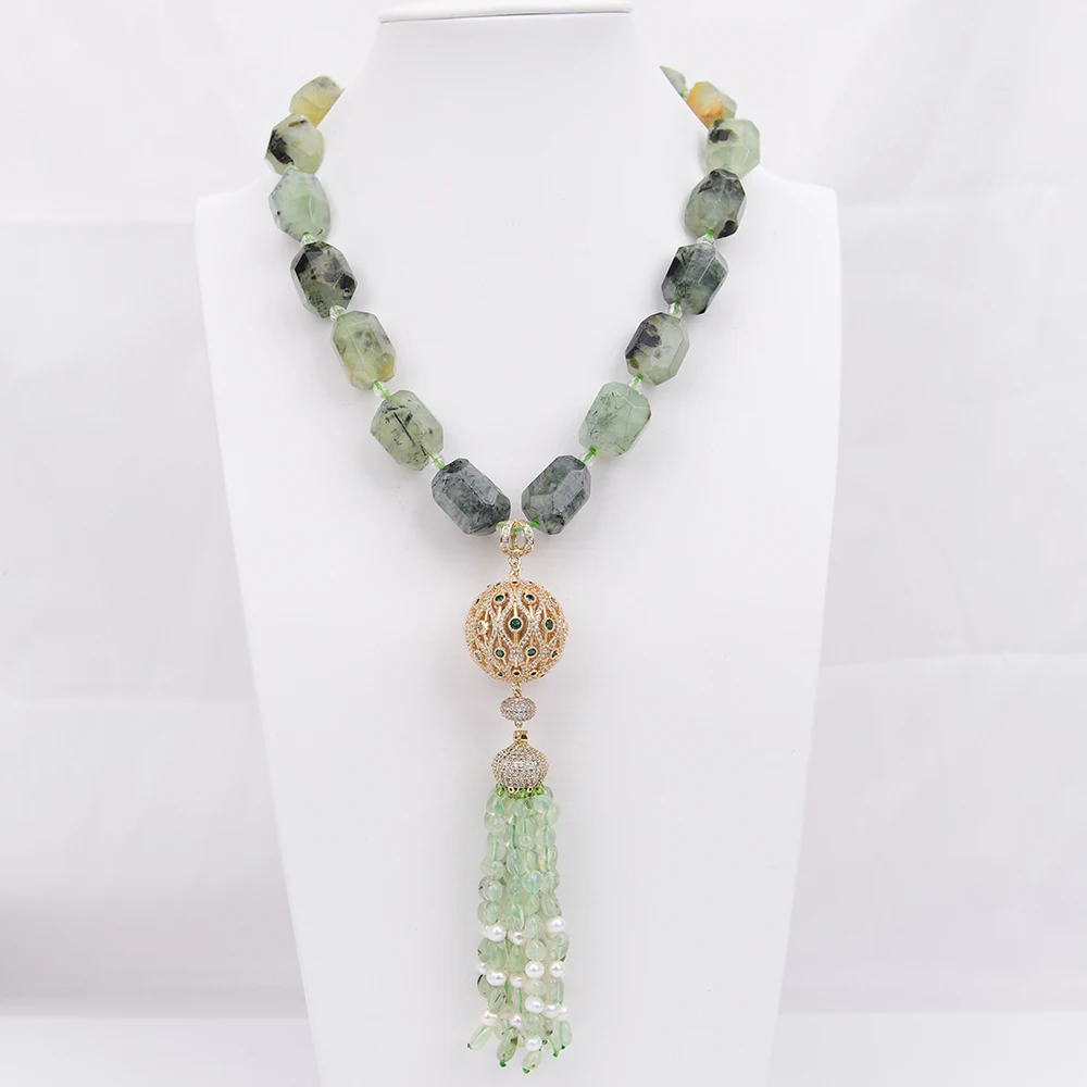 

G-G 18'' Natural Green Prehnite Stone White Pearl Necklace Cz Ball Pendant