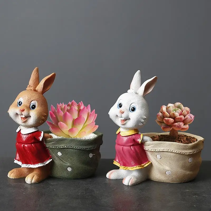 

Cute Creative Cartoon Rabbit Resin Flowerpot Crafts Home Homestay Figurines Decoration Garden Balcony Yard Sculpture Ornaments