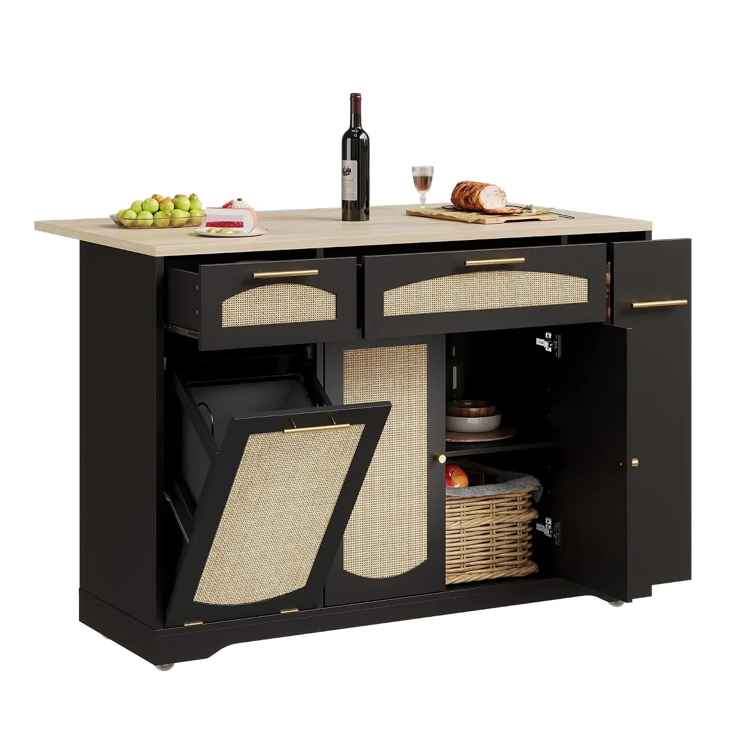 Rattan Kitchen Island Cart Drop Leaf Trash Cabinet Drawers Spice Rack 2-Door Rolling Countertop Wood, Customized