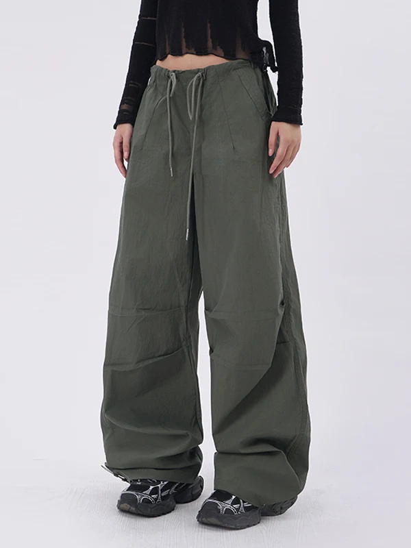 American Style Vintage Loose Wide Leg Military Green Workwear Pants Women's Drawstring Paratrooper Straight Leg Cuffed Low Wa...