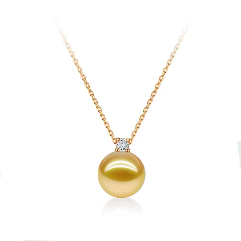 Real 18K Gold Round Pearl Necklace For Women,South Sea Pearl Pendant Chain Mother Girls Birthday Gift