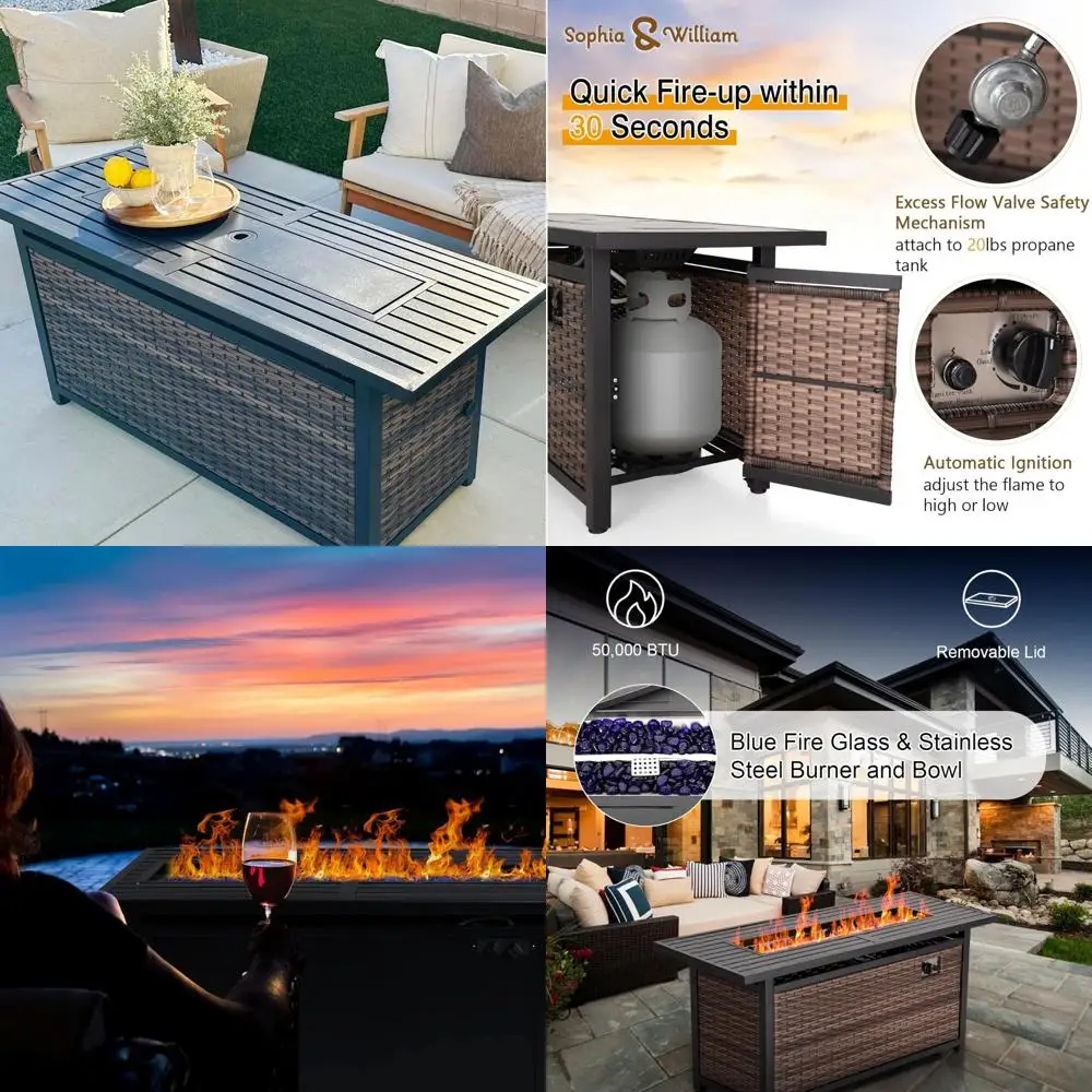 

Outdoor Propane Fire Pit Table with Rattan Design, 56 Inch Diameter, 50,000 BTU Burner, Fire Glass and Lid Included