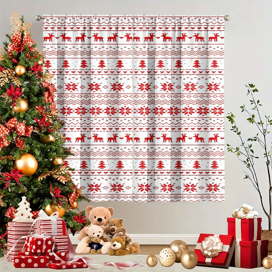 2PCS Christmas Winter Curtains, Knit Fair Isle Reindeer Tree Snowflake Red White, Digital Print, Bedroom Living Room, Home Decor