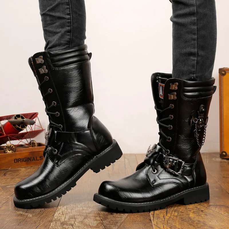 Men Fashion Motorcycle Boots Mid-calf Breathable Combat Boots Gothic Belt Punk Boots Men Sneakers Shoes Hightop Casual Boots