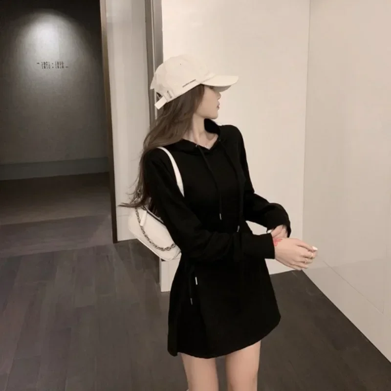 

Long Sleeve Dress Women Gray Classy Slim Popular Stylish Criss-cross Mini Vintage Solid Hooded Y2k Korean Spring Daily Vestidos