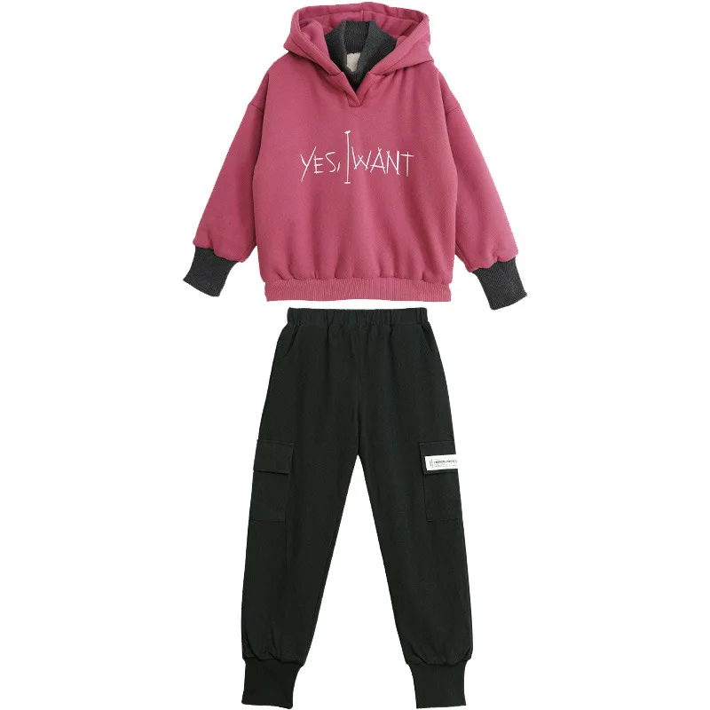 

Новый зимний комплект для девочек 2026: модный теплый спортивный костюм с флисовой подкладкой и капюшоном для подростков и старших детей