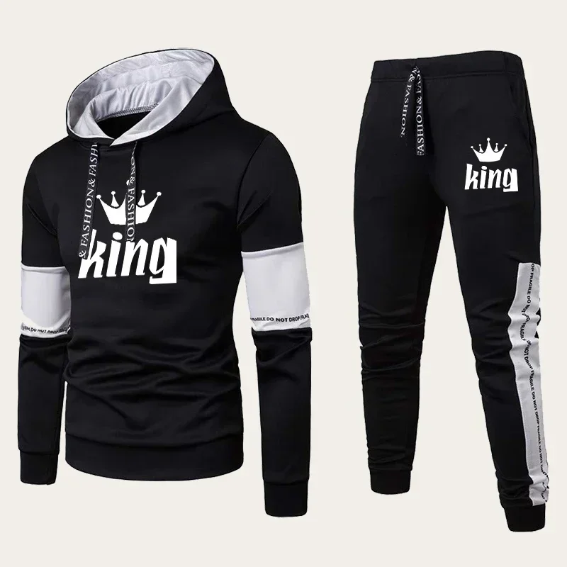 Couples Hooded Tracksuit King Queen Print Lovers Hoodies Sets Sweatshirt +Jogging Sweapants Suits Men Women Unisex Clothing